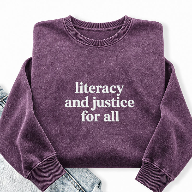 Embroidered Literacy And Justice For All Washed Crewneck Sweatshirt