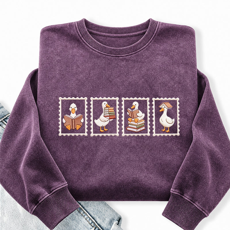 Embroidered Goose Reading Stamp Washed Crewneck Sweatshirt
