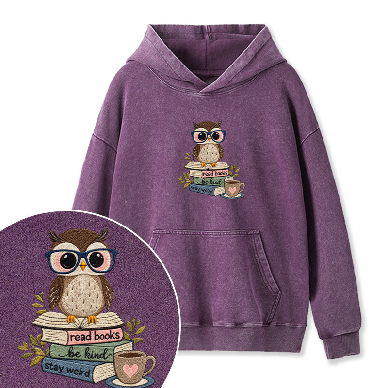 Embroidered Read Books Be Kind Owl Washed Hoodie