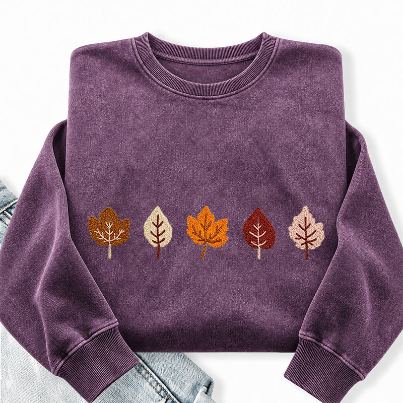 Embroidered Fall Leaves Washed Crewneck Sweatshirt