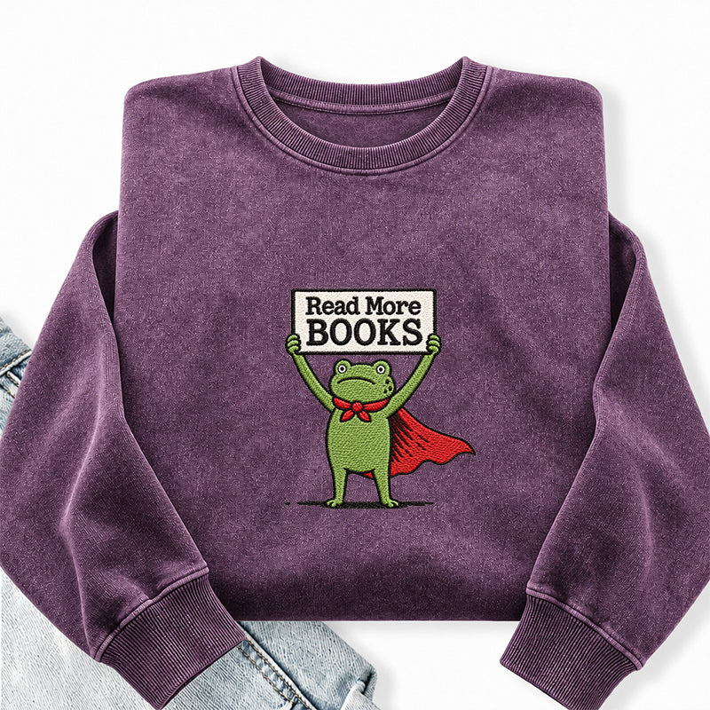 Embroidered Read More Books Frog Washed Crewneck Sweatshirt