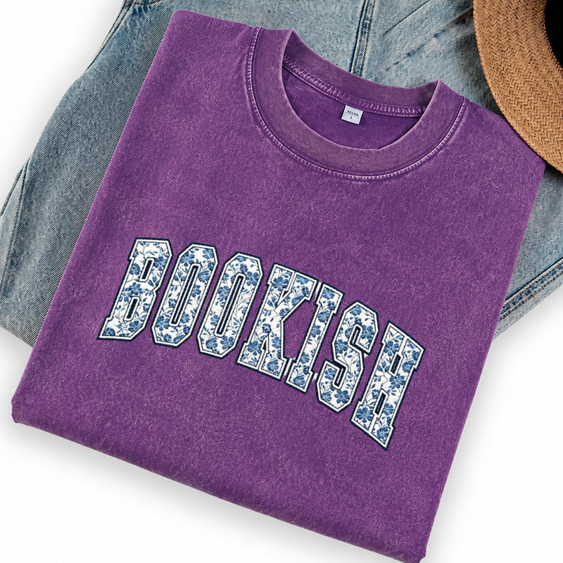 Embroidered Retro Bookish Washed Crew Neck T-Shirt