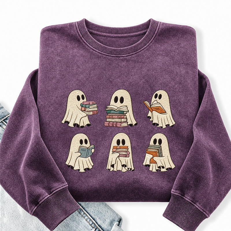 Embroidered Halloween Ghost Book Washed Crewneck Sweatshirt