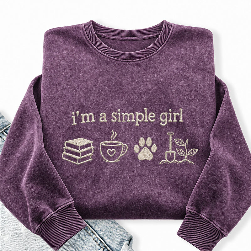 Embroidered Simple Girl Book Coffee Plant Washed Crewneck Sweatshirt