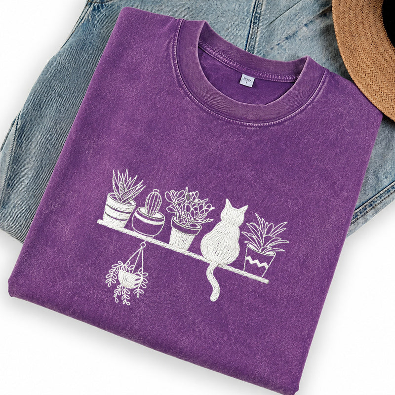 Embroidered Cats And Plants Washed Crew Neck T-Shirt