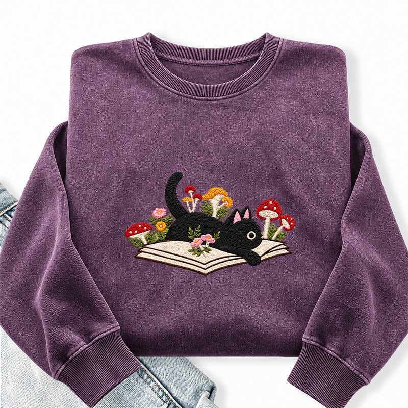 Embroidered Black Cat Mushroom Book Washed Crewneck Sweatshirt