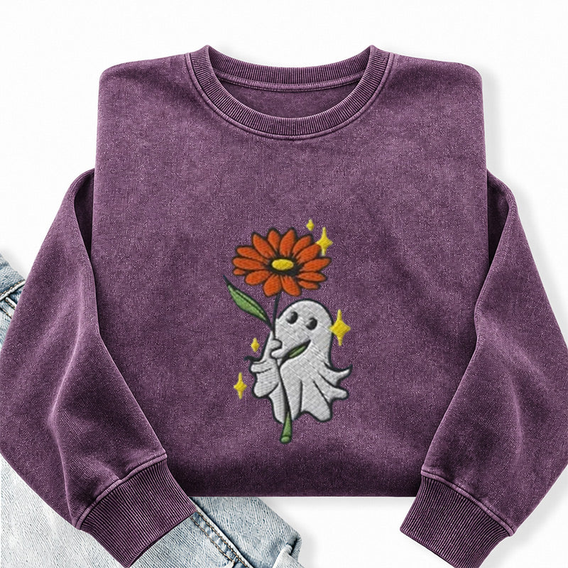 Embroidered Ghost Holding a Flower Washed Crewneck Sweatshirt