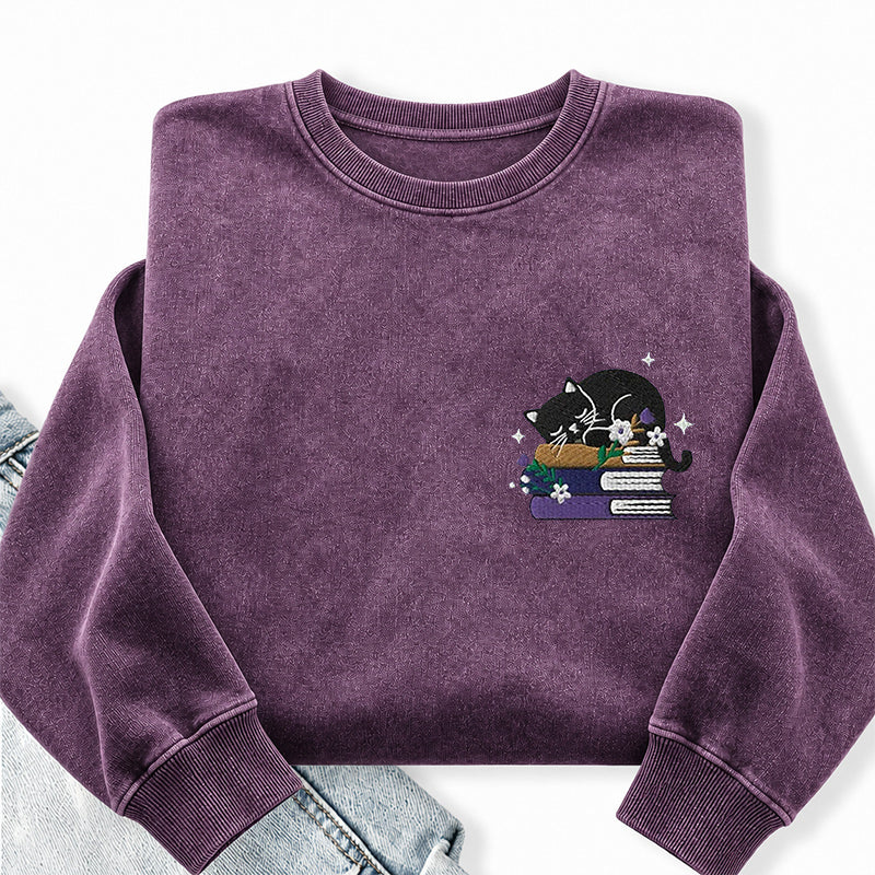 Embroidered Cat Book Washed Crewneck Sweatshirt