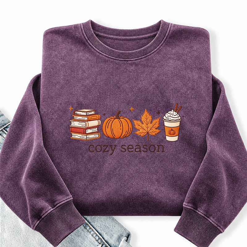 Embroidered Cozy Seasons Book Lover Washed Crewneck Sweatshirt