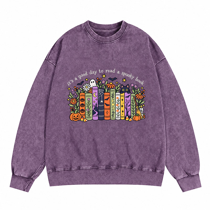 It's a Good Day to Read a Spooky Book Washed Crewneck Sweatshirt