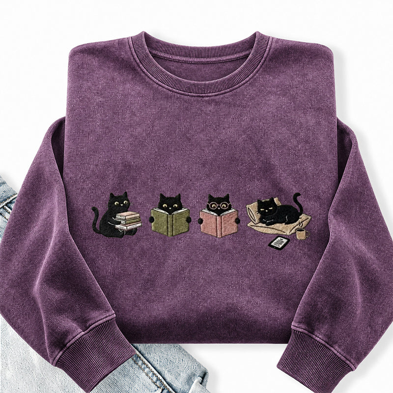 Embroidered Black Cat Reading Washed Crewneck Sweatshirt