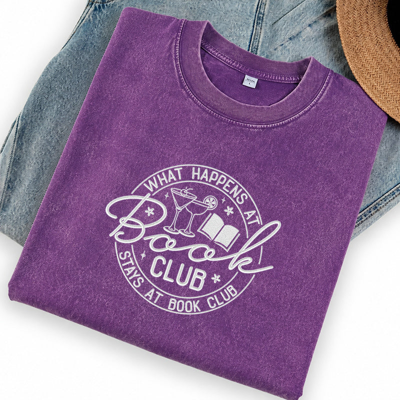 Embroidered Funny Book Club Washed Crew Neck T-Shirt