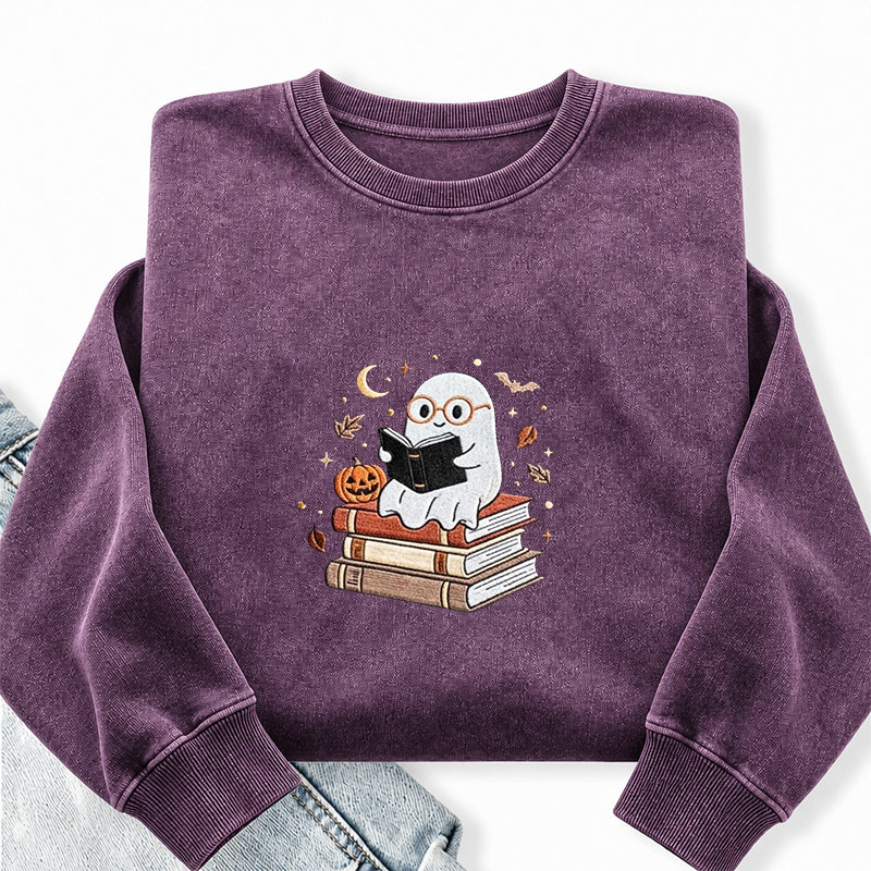 Embroidered Ghost Reading Books Washed Crewneck Sweatshirt