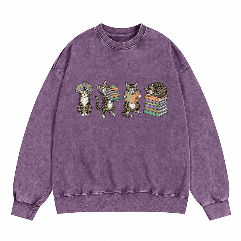 Cats Reading Books Washed Crewneck Sweatshirt