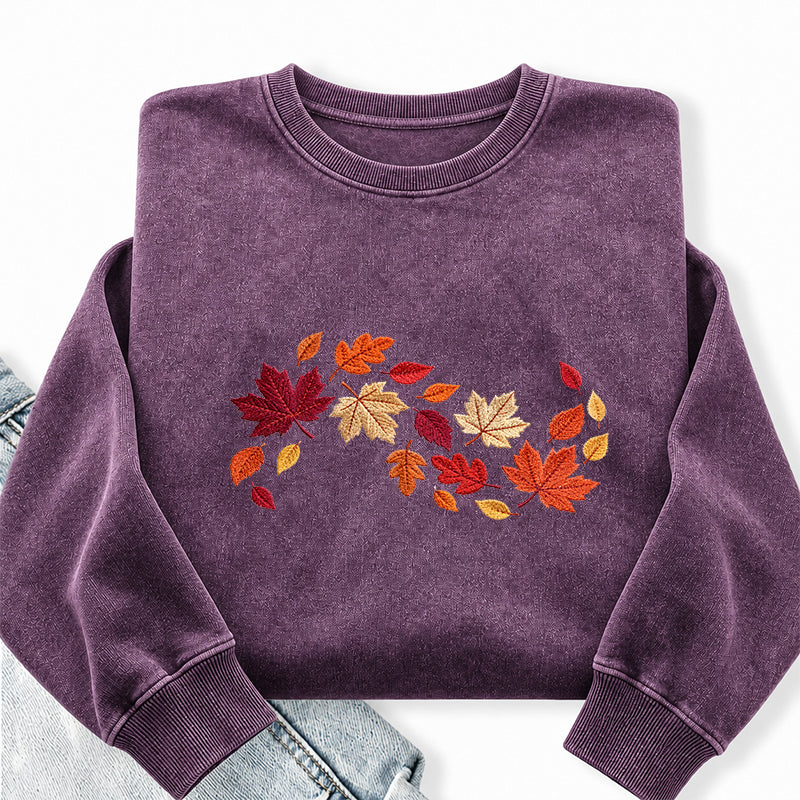 Embroidered Autumn Leaves Washed Crewneck Sweatshirt
