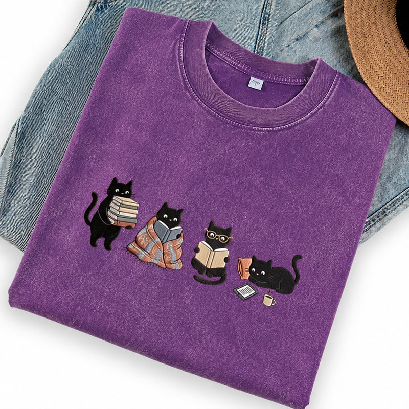Embroidered Bookish Black Cats Washed Crew Neck T-Shirt