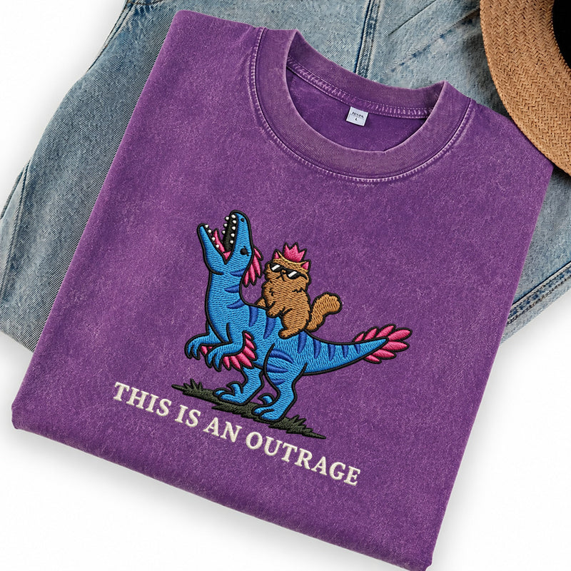 Embroidered This Is An Outrage Book Lover Washed Crew Neck T-Shirt