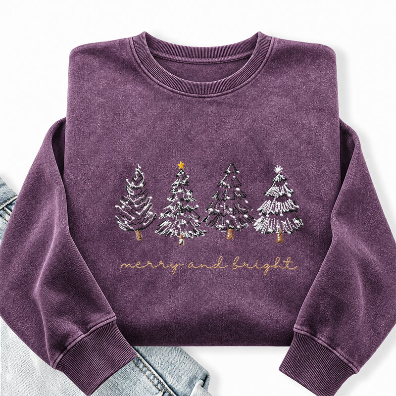 Embroidered Merry & Bright Christmas Tree Washed Crewneck Sweatshirt