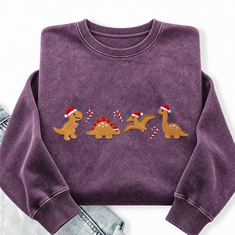 Embroidered Gingerbread Dinosaur Washed Crewneck Sweatshirt