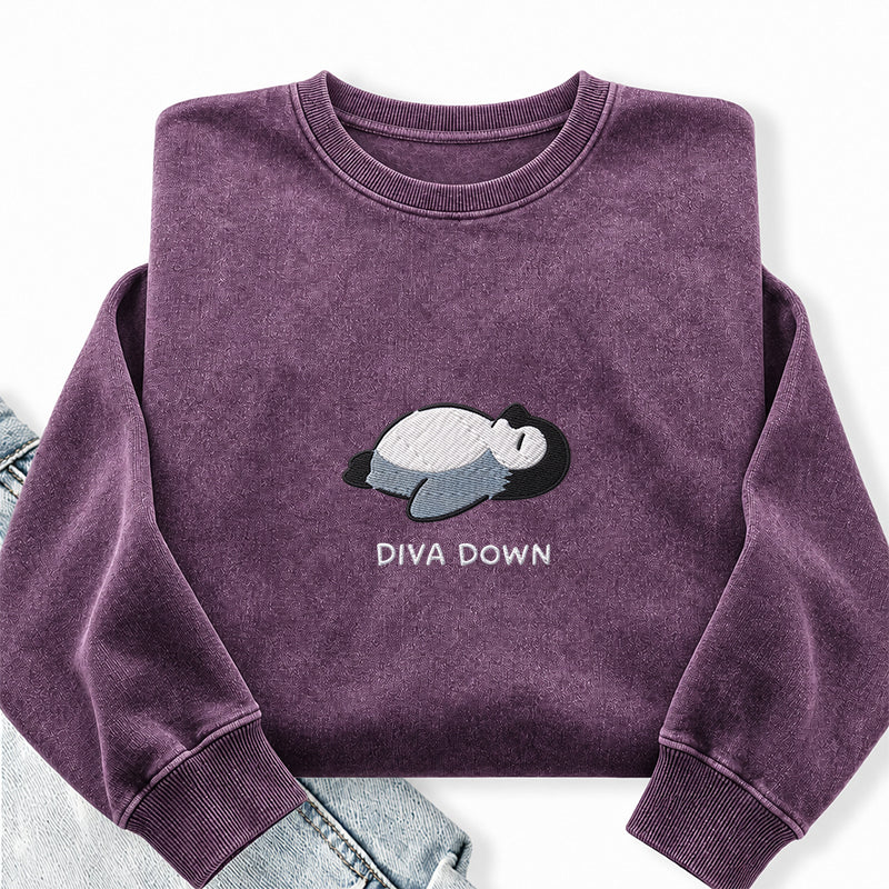 Embroidered Diva Down Penguin Washed Crewneck Sweatshirt