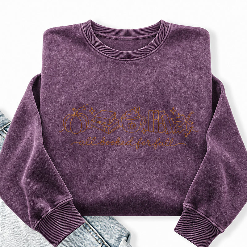 Embroidered All Booked For Fall Reading Washed Crewneck Sweatshirt
