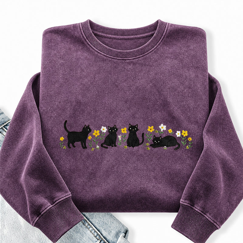 Embroidered Floral Black Cat Washed Crewneck Sweatshirt