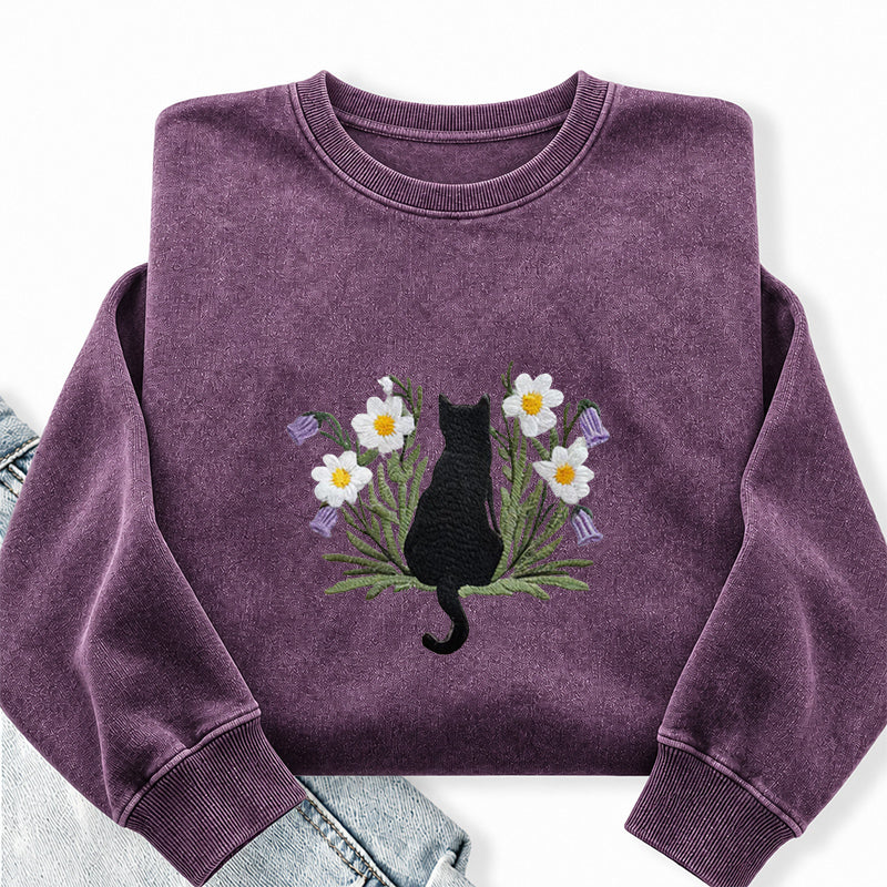 Embroidered Black Cat Flower Washed Crewneck Sweatshirt
