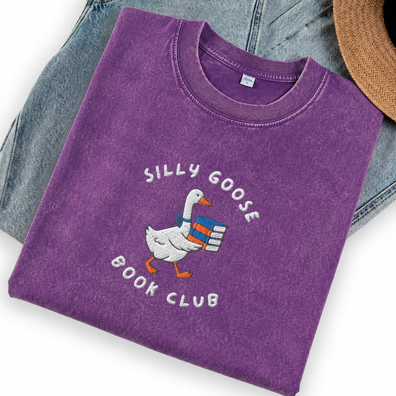 Embroidered Silly Goose Book Club Washed Crew Neck T-Shirt