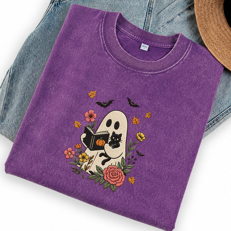 Embroidered Floral Ghost Reading Washed Crew Neck T-Shirt