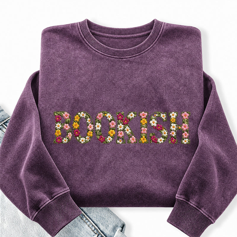 Embroidered Floral Bookish Washed Crewneck Sweatshirt