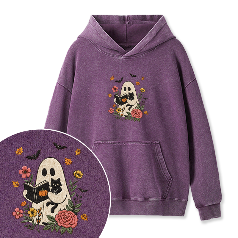 Embroidered Floral Ghost Reading Washed Hoodie