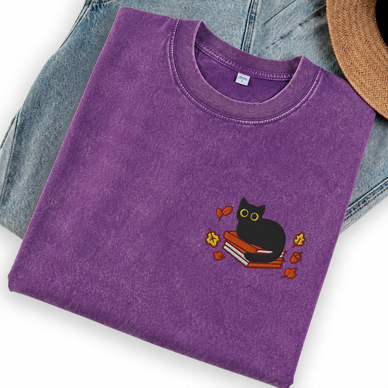 Embroidered Autumn Black Cat Book Washed Crew Neck T-Shirt