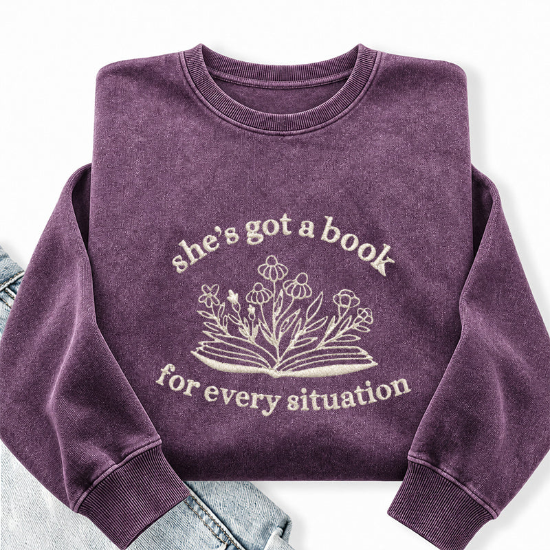 Embroidered She's Got A Book Washed Crewneck Sweatshirt