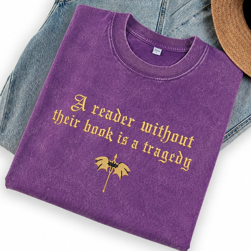 Embroidered Dragon Rider Book Lover Washed Crew Neck T-Shirt