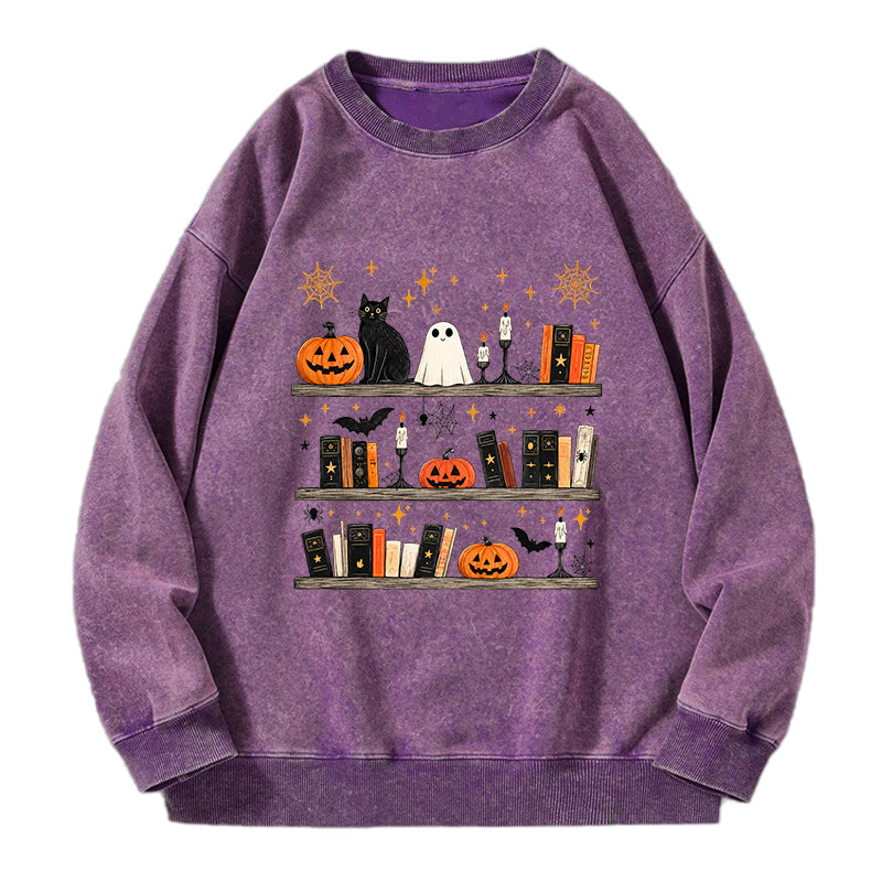 Halloween Book Shelf Washed Crewneck Sweatshirt
