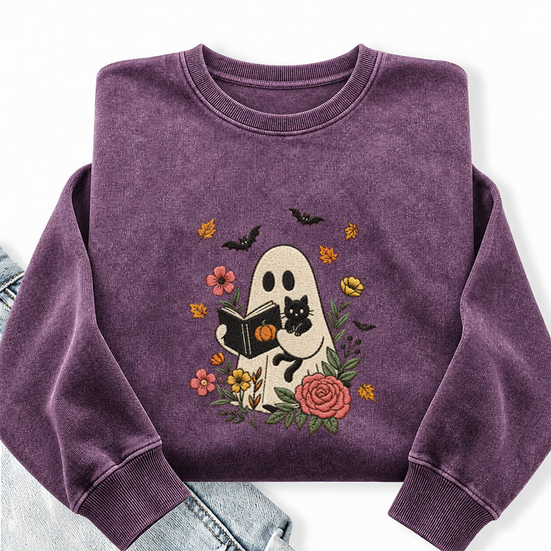 Embroidered Floral Ghost Reading Book Washed Crewneck Sweatshirt