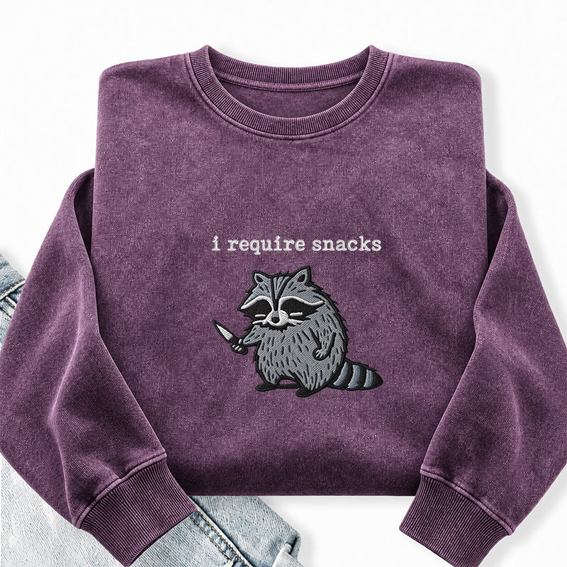 Embroidered Raccoon I Require Snacks Washed Crewneck Sweatshirt