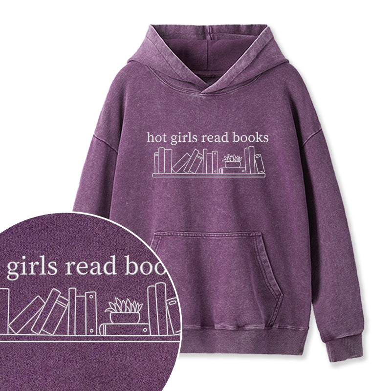 Embroidered Hot Girls Read Books Washed Hoodie