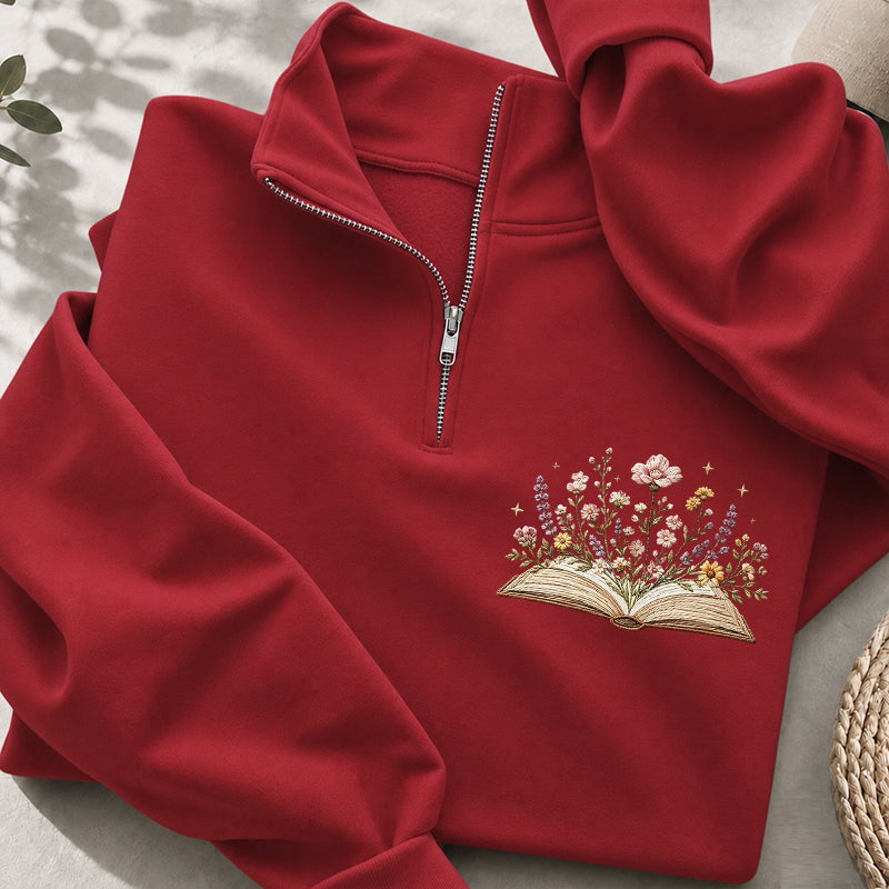 Embroidered Floral Book Classic Quarter Zip Sweatshirt
