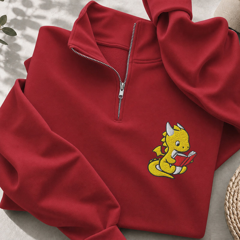 Embroidered Dragon Reading Books Classic Quarter Zip Sweatshirt