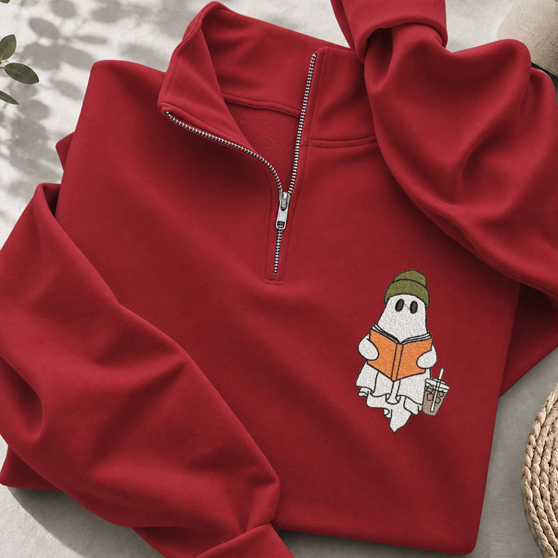 Embroidered Cute Ghost Reading Classic Quarter Zip Sweatshirt