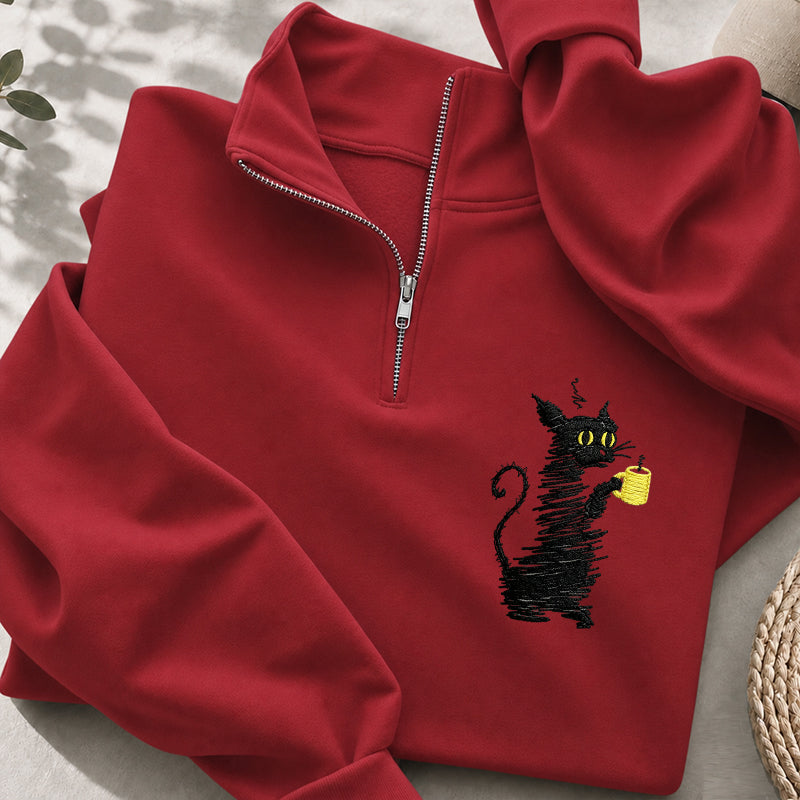 Embroidered Coffee Black Cat Classic Quarter Zip Sweatshirt