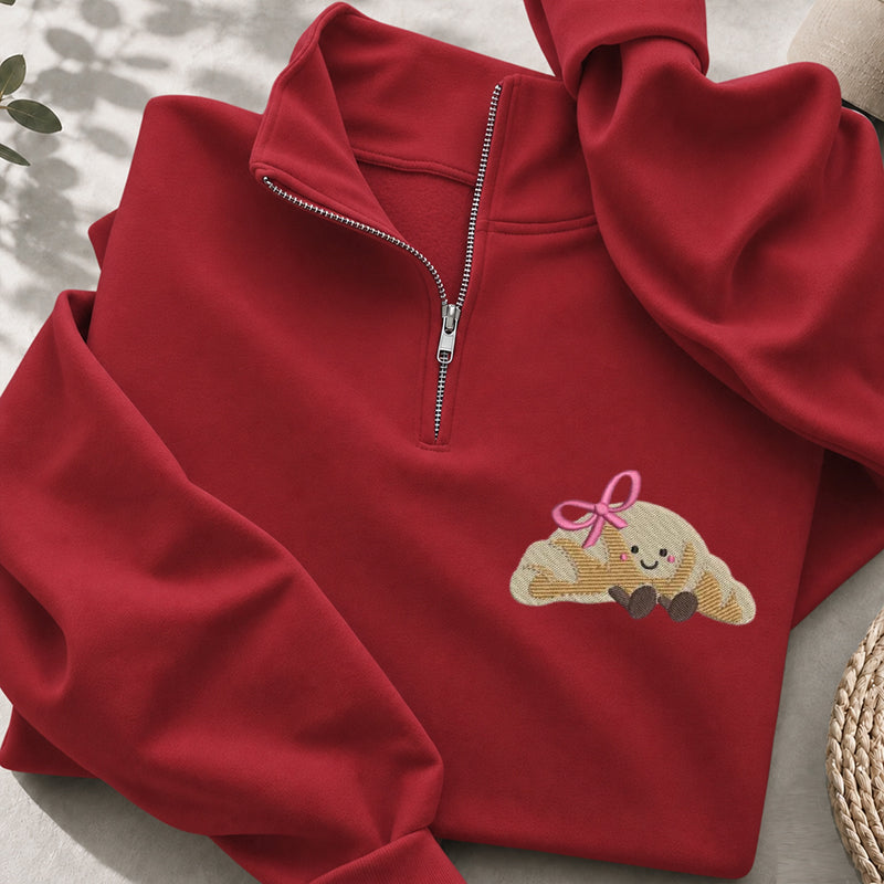 Embroidered Cute Croissant Classic Quarter Zip Sweatshirt