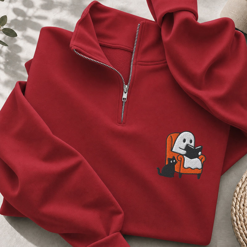 Embroidered Ghost Reading On Sofa Classic Quarter Zip Sweatshirt