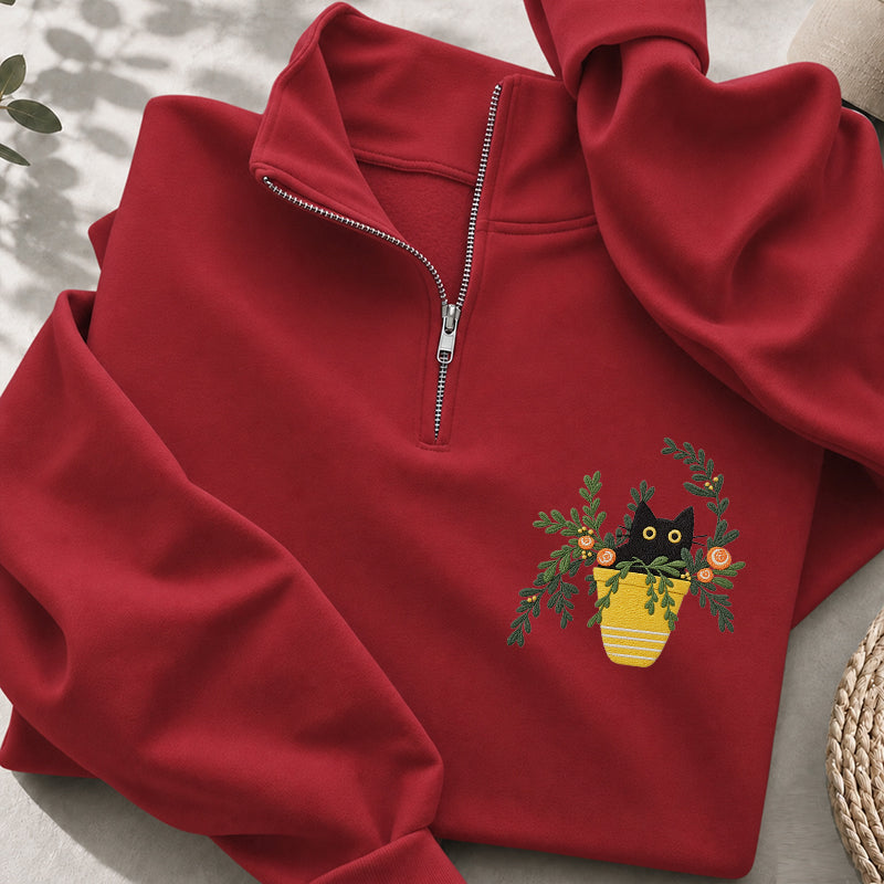 Embroidered Black Cat Flowerpot Classic Quarter Zip Sweatshirt