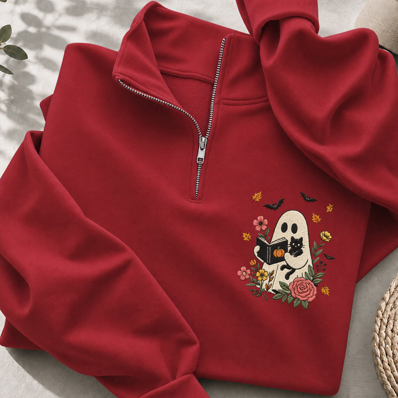 Embroidered Floral Ghost Reading Classic Quarter Zip Sweatshirt