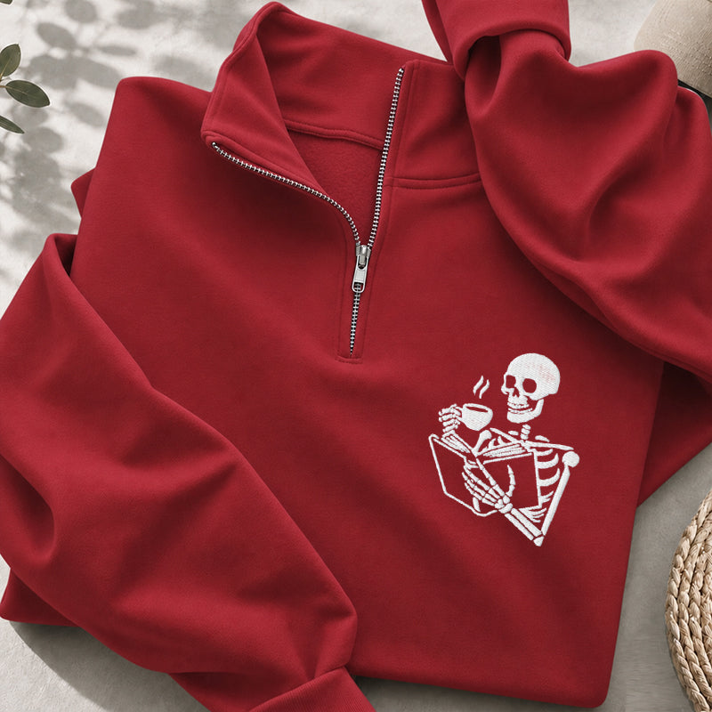 Embroidered Skeleton Coffee And Books Classic Quarter Zip Sweatshirt