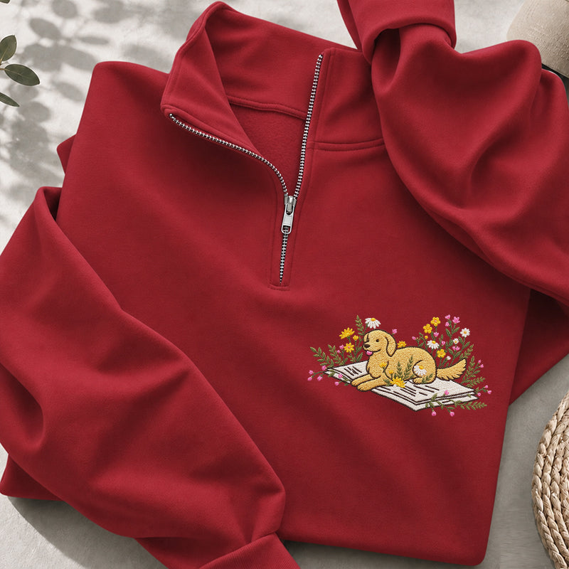 Embroidered Dog Lying On Book Classic Quarter Zip Sweatshirt
