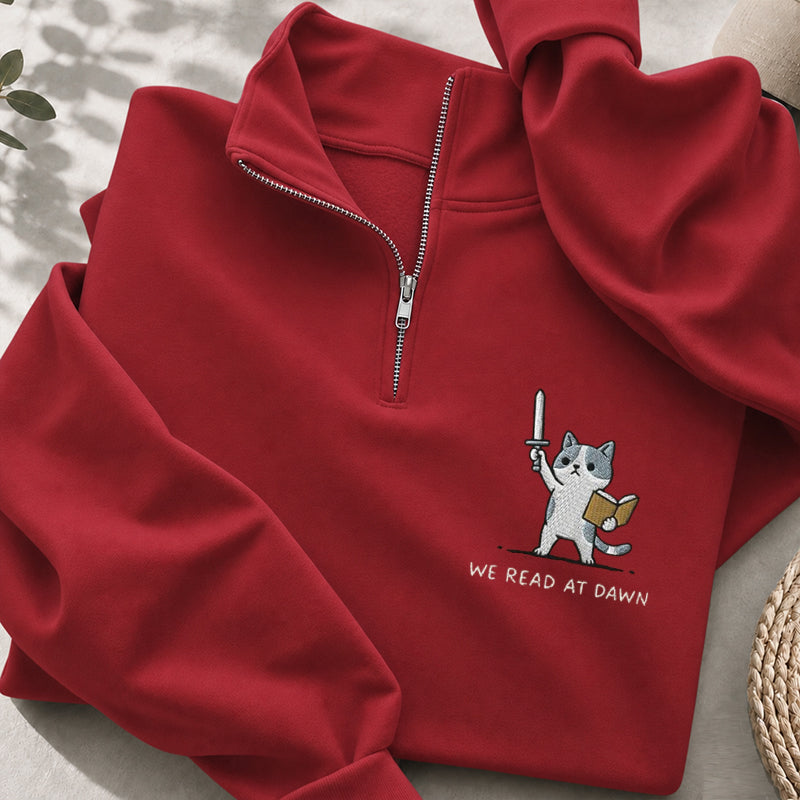 Embroidered We Read At Dawn Cat Classic Quarter Zip Sweatshirt