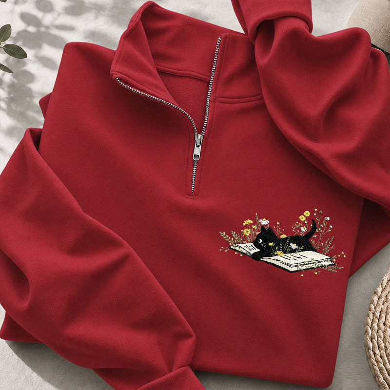 Embroidered Floral Book Cat Classic Quarter Zip Sweatshirt
